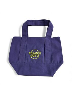 Trader Joe's Viral Purple Canvas Tote Bag, Blue with Green Embroidered Logo.